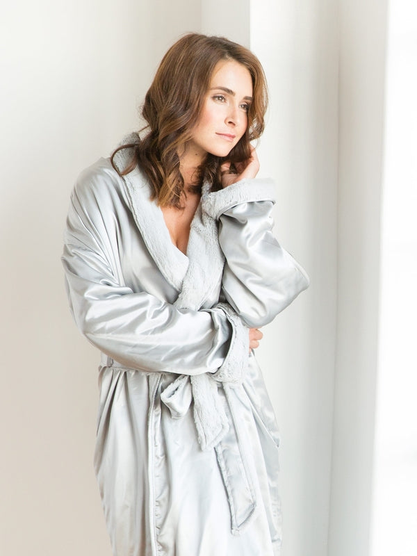 satin dressing robe Gray Satin Luxury Wrap Robe Minimalist Chic XL / Gray