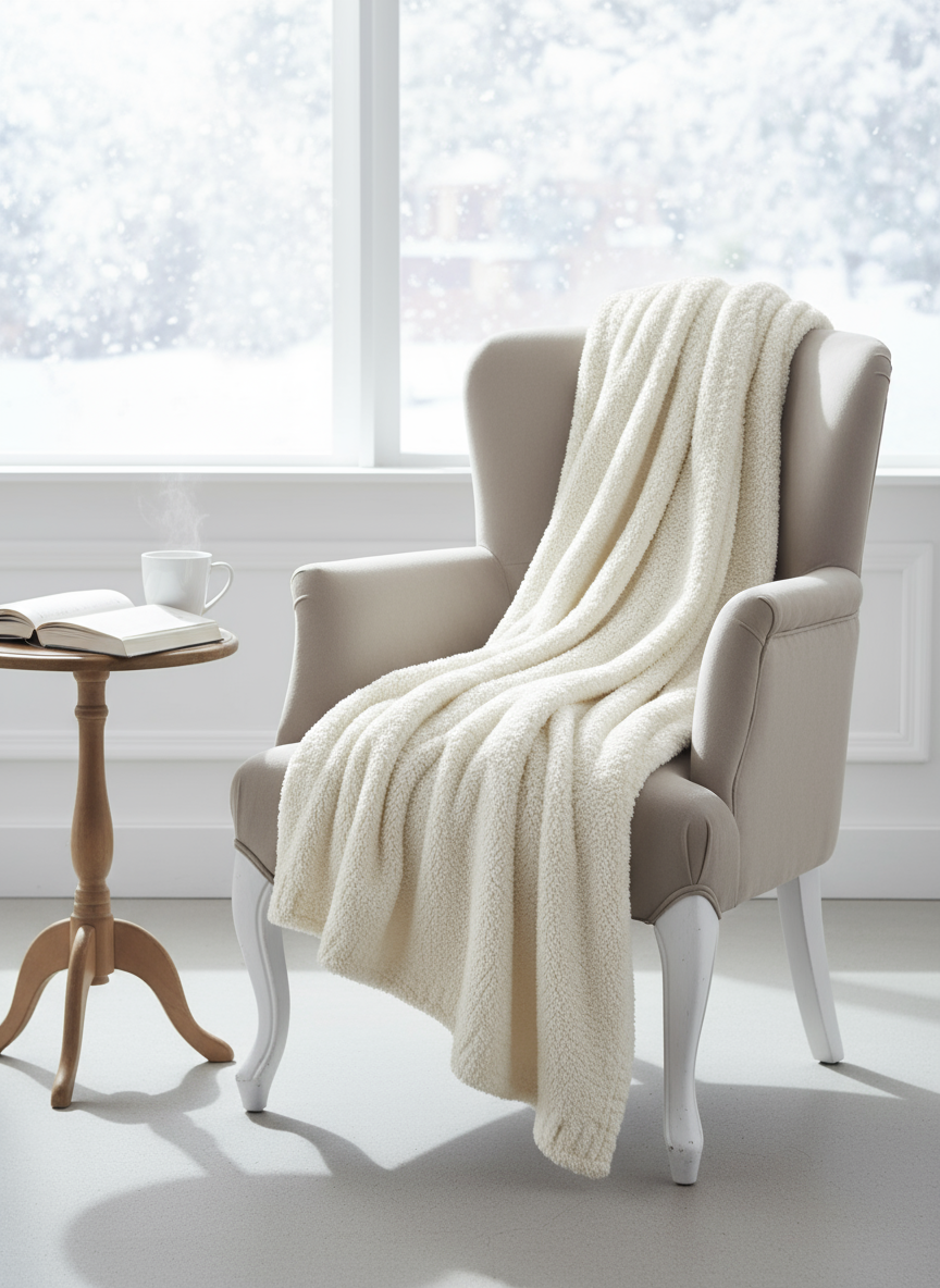 Beige armchair with a cream Little Giraffe blanket draped over it in a room with a snowy window view.