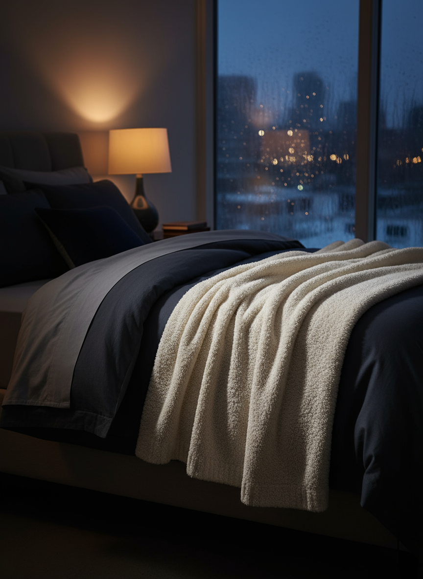 Bed with Little Giraffe blankets and pillows in a dimly lit room with a cityscape view through a window.