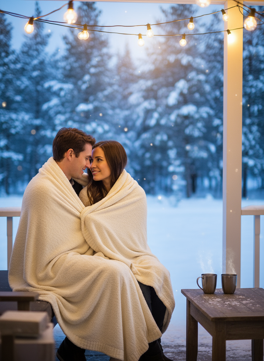 Couple wrapped in a Little Giraffe blanket on a snowy deck with string lights