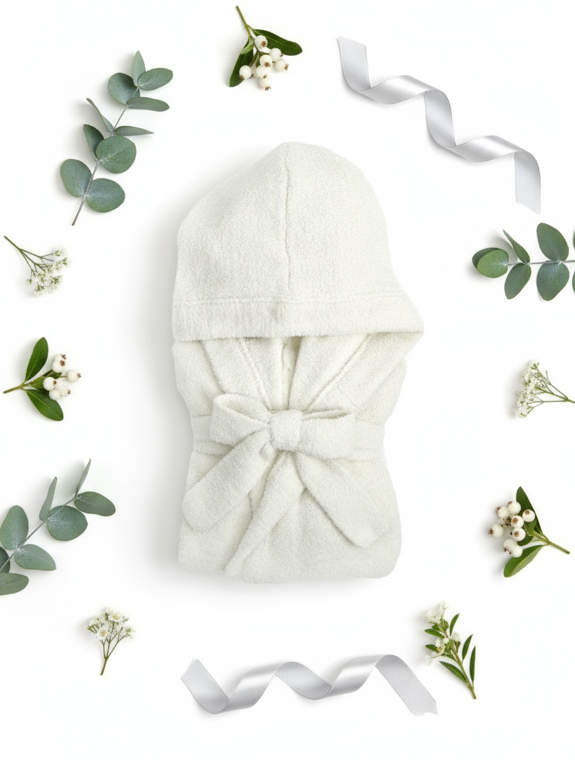 White robe surrounded by greenery on a white background