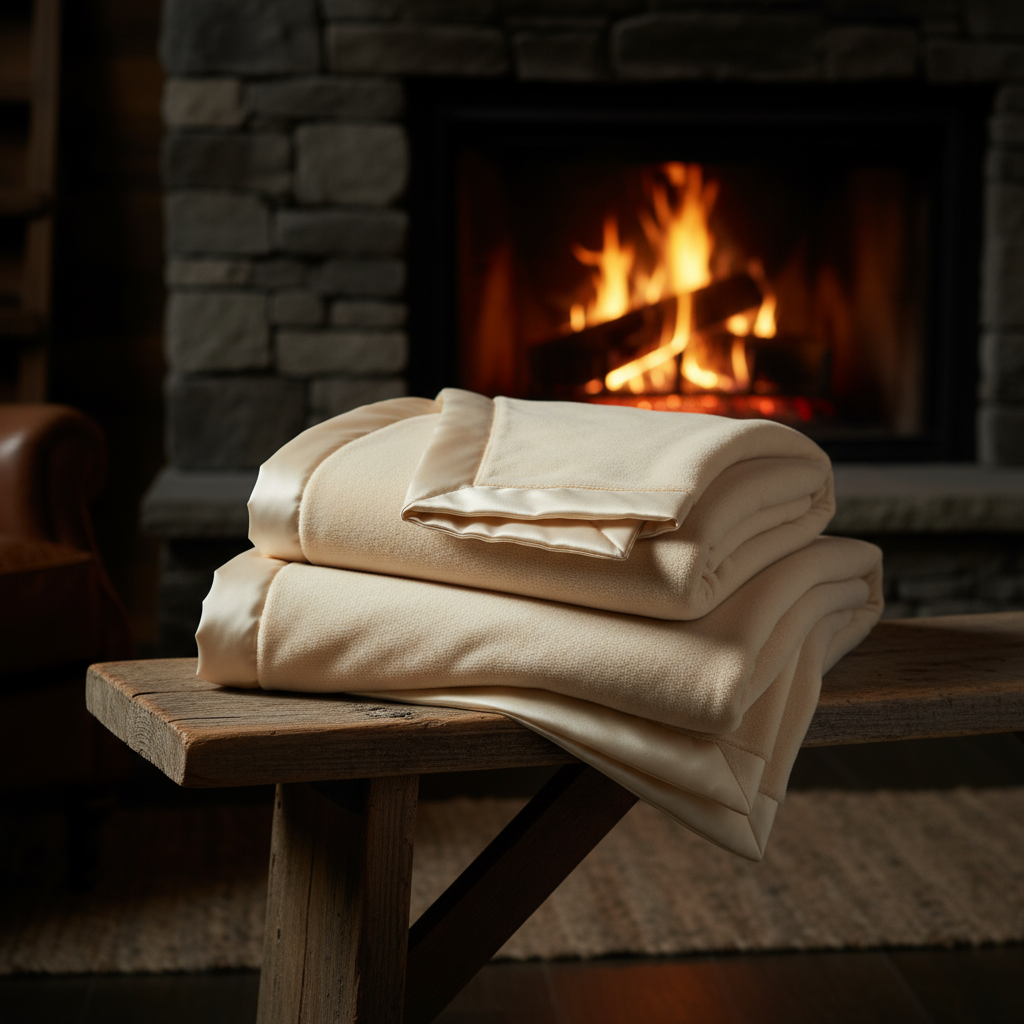 Folded beige luxury throws on a wooden stool in front of a fireplace with flames.