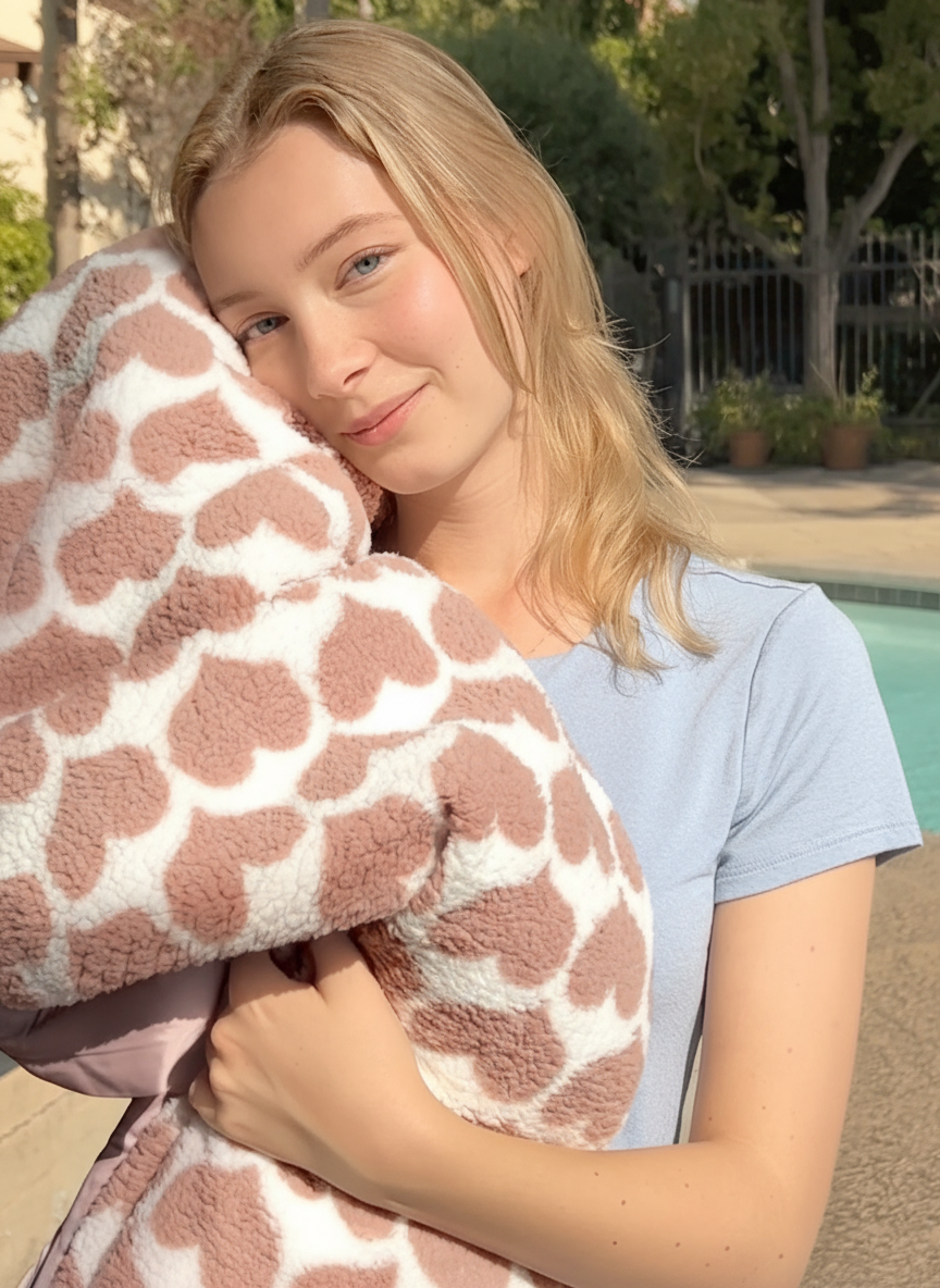 Woman holding a heart patterned blanket outdoors