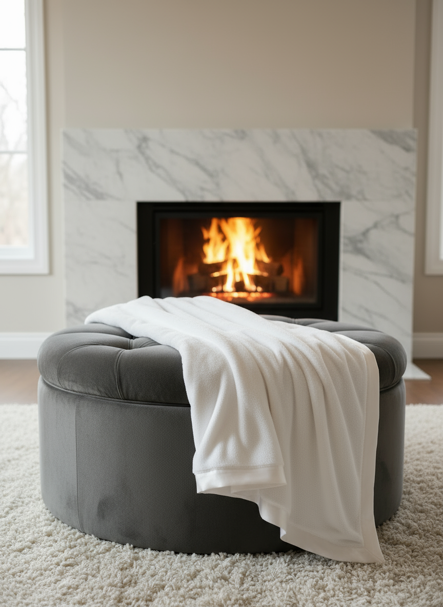 Gray ottoman with a white Little Giraffe blanket in front of a modern fireplace.
