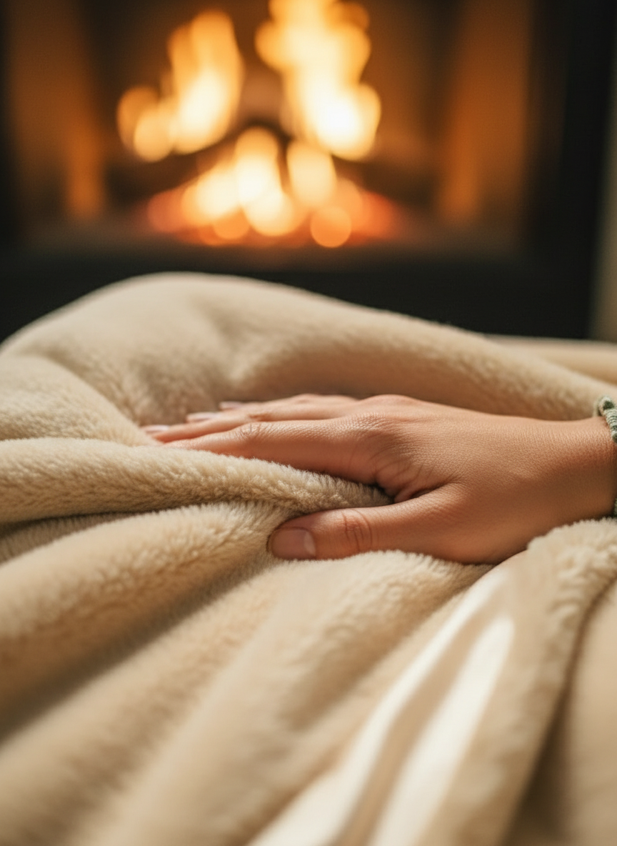 Hand resting on a soft blanket in front of a warm fireplace