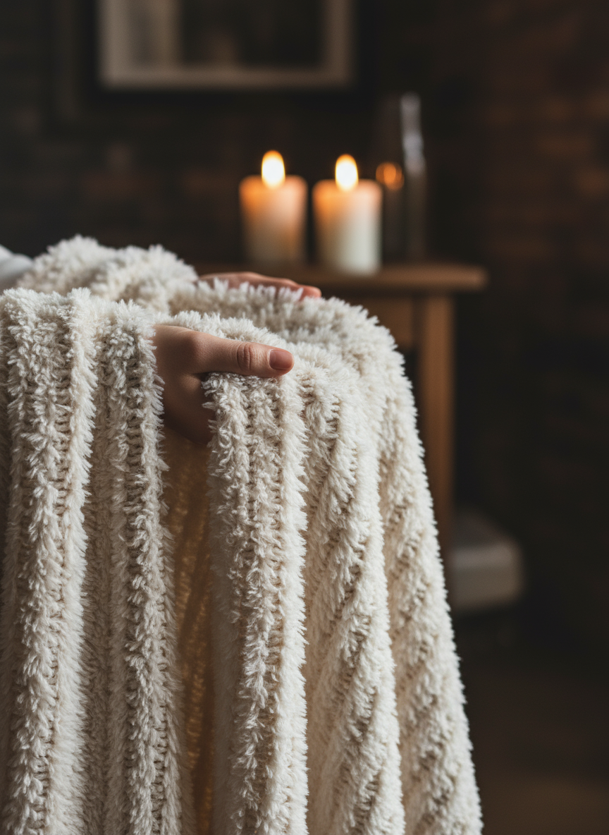 Person holding a textured luxury knit Little Giraffe throw with candles in the background