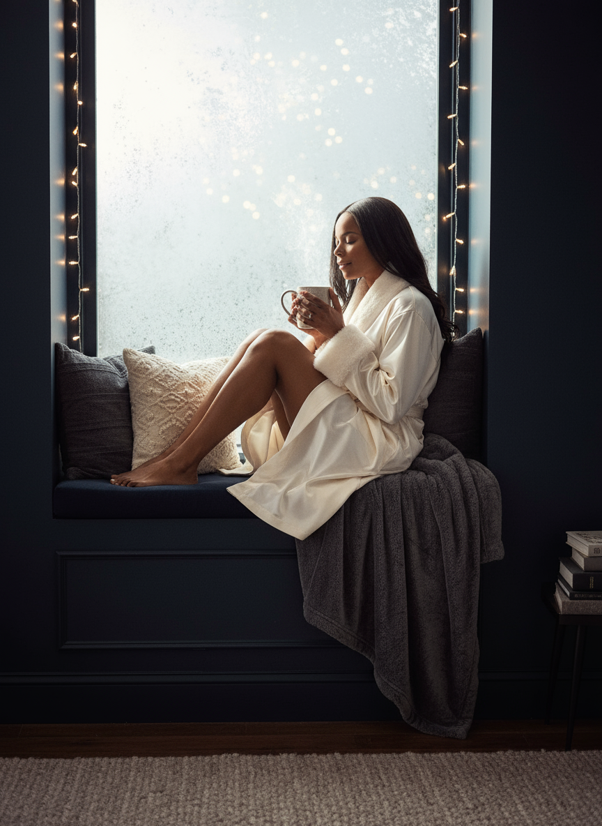 Woman in a robe sitting by a window with fairy lights, holding a mug.