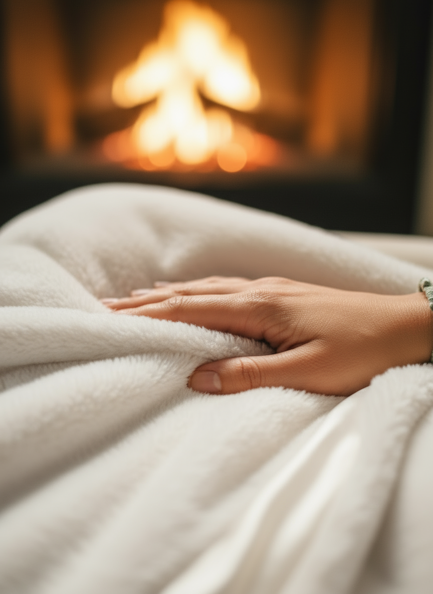 Hand resting on a soft Little Giraffe white blanket in front of a warm fireplace