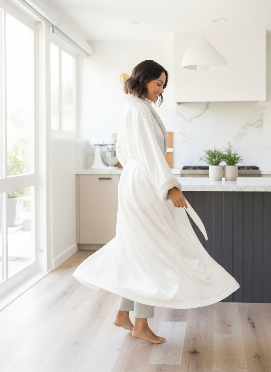 Woman in a white robe standing in a modern kitchen.
